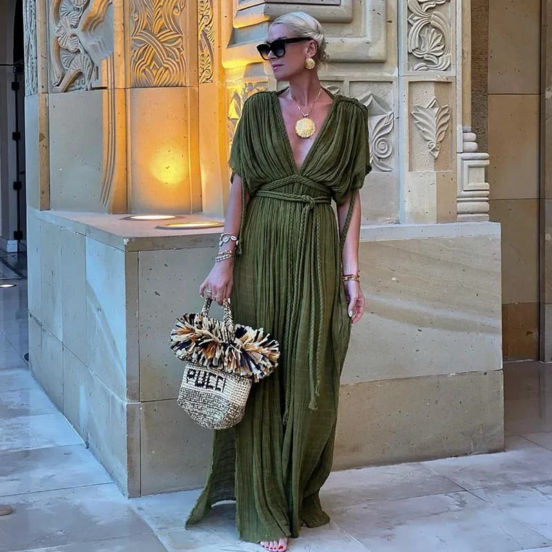 Robe de vacances style bohémien vert pour femmes, élégante, couleur unie, décontractée, ample, longu