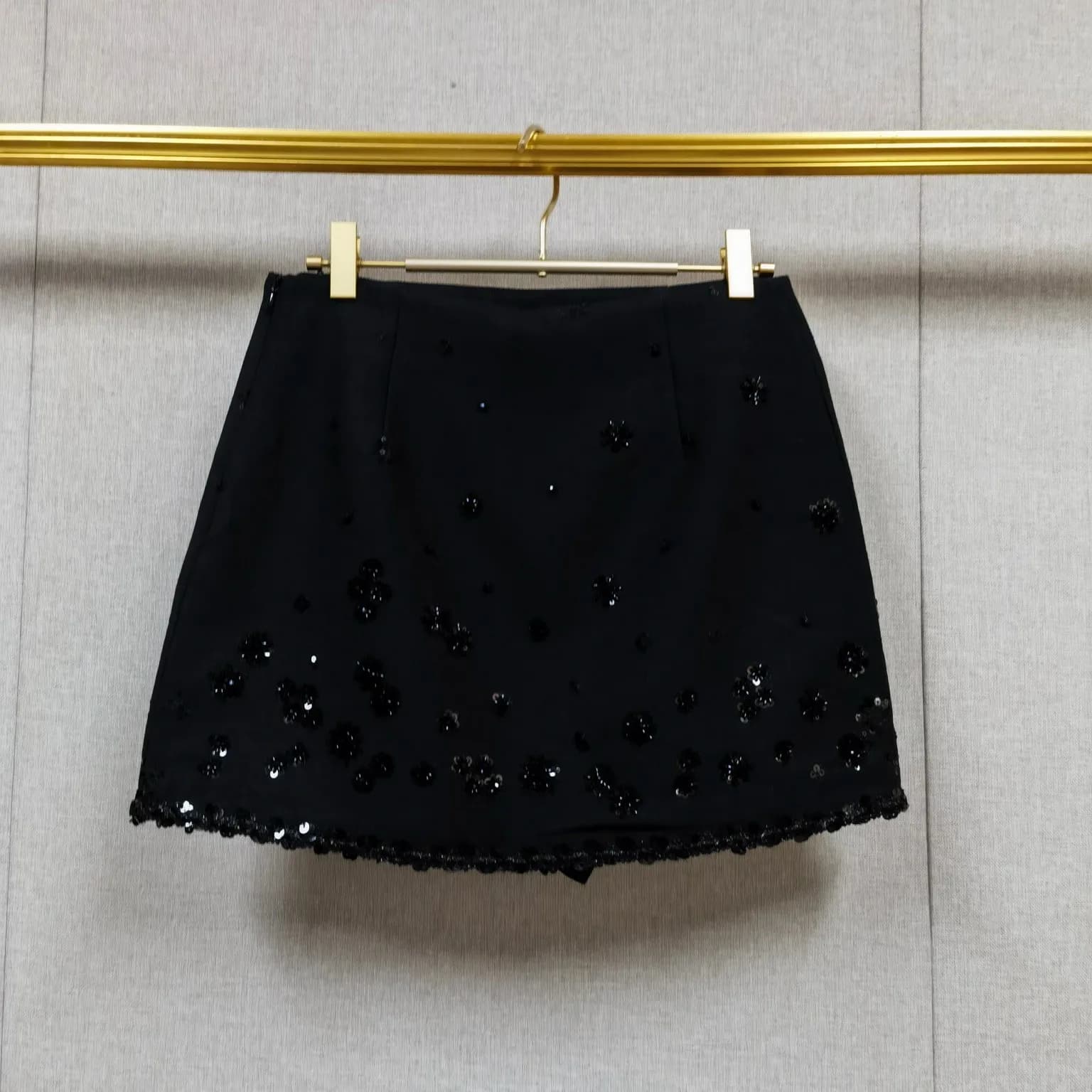 Veste courte ou Mini jupe noire à paillettes pour femmes, décoration florale, simple boutonnage, nou