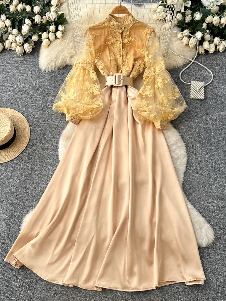 Robe longue élégante pour femme, style français, luxe léger, dentelle, col rond, manches lanternes, 