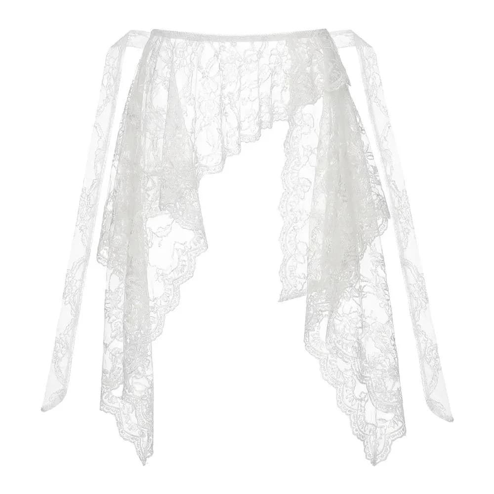 Jupe courte brodée à fleurs avec volants et dentelle, taille haute, ourlet irrégulier, froncée, styl