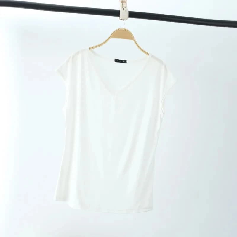 T-shirt à col en V pour femmes, T-shirt d'été en fibre modale, Économie décontractés, Couleur unie, 