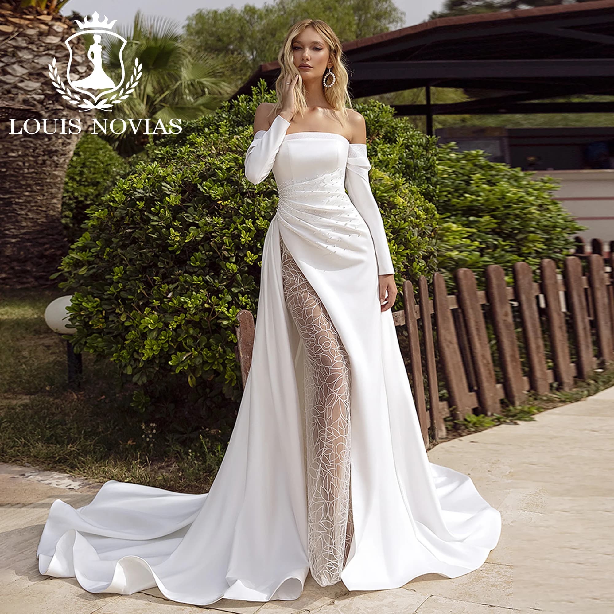 LOUIS NOVIAS robe De mariée sirène à manches longues haut De gamme sans bretelles perles Court Train