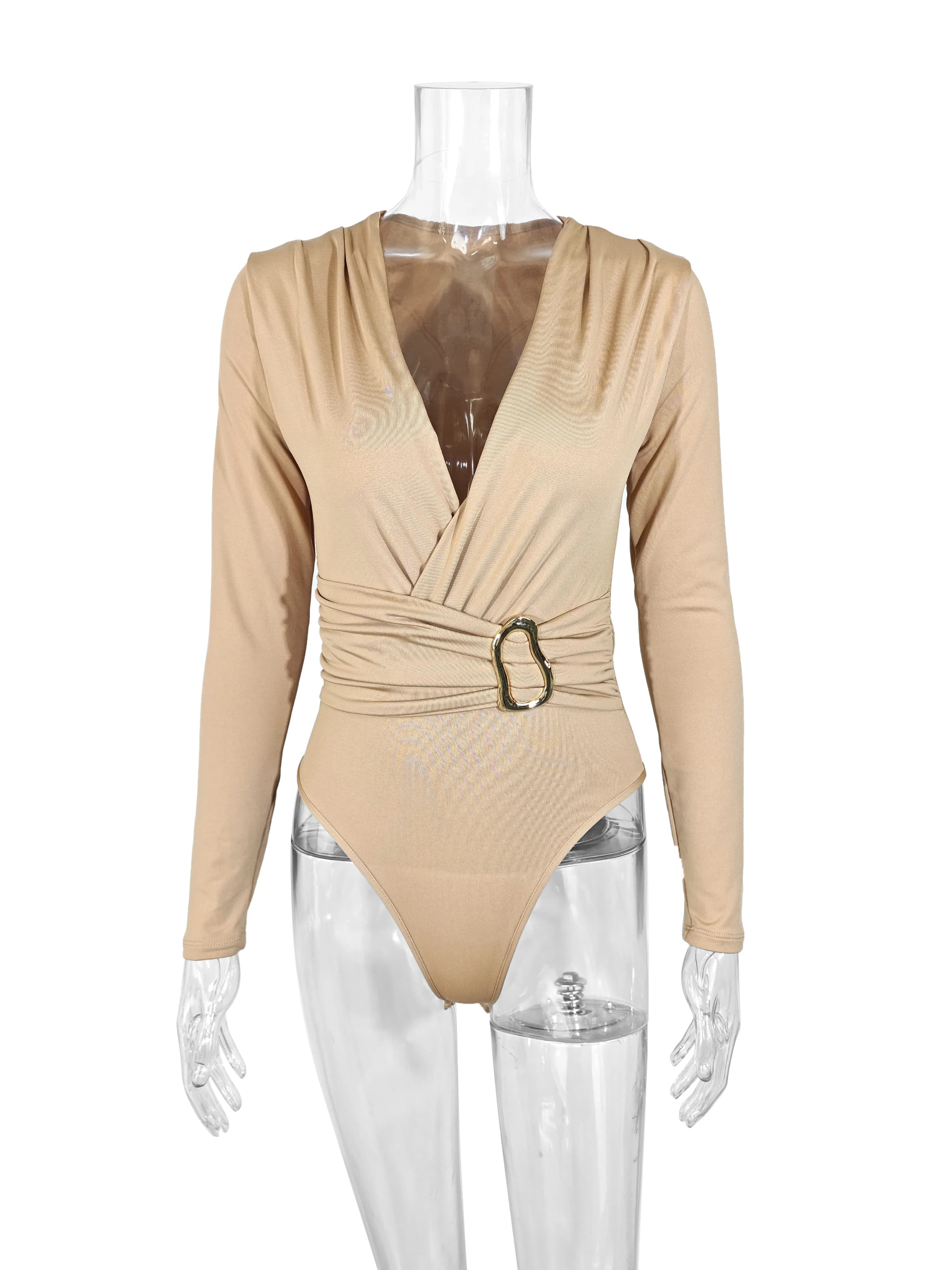 Body moulant à manches longues et col en V profond pour femme, avec boucle à la taille, style Y2K, p