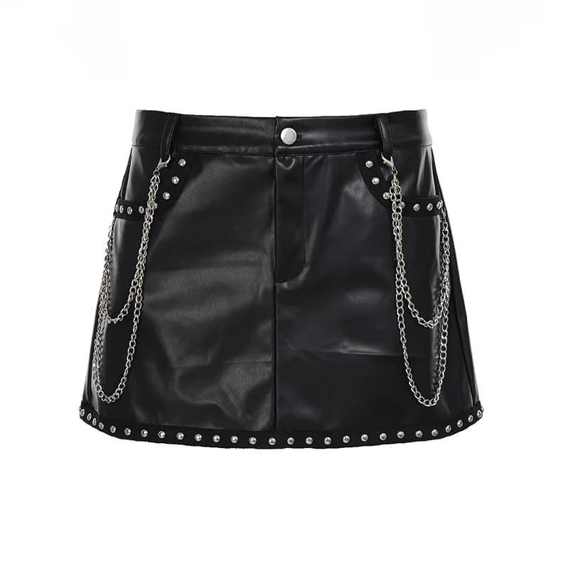 Mini-jupe noire en similicuir PU taille basse avec rivets et chaînes, style streetwear punk polyvale