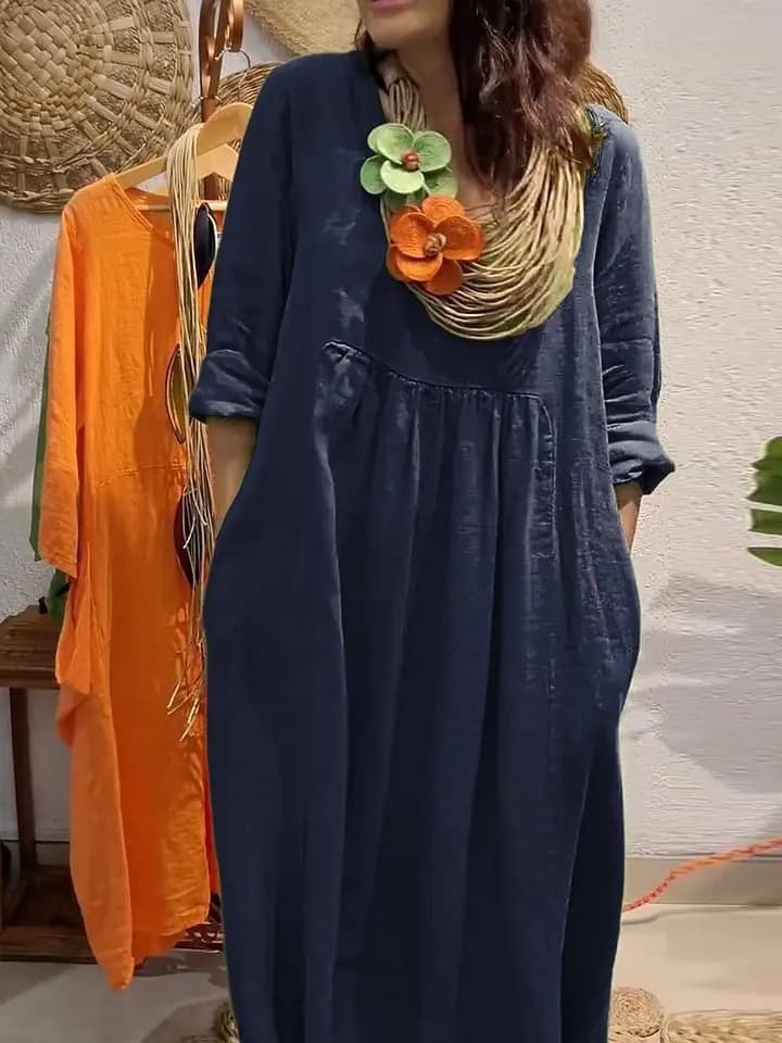 Robe décontractée en coton et lin pour femme, col en V, poches, mi-longue, jupe trapèze, confortable
