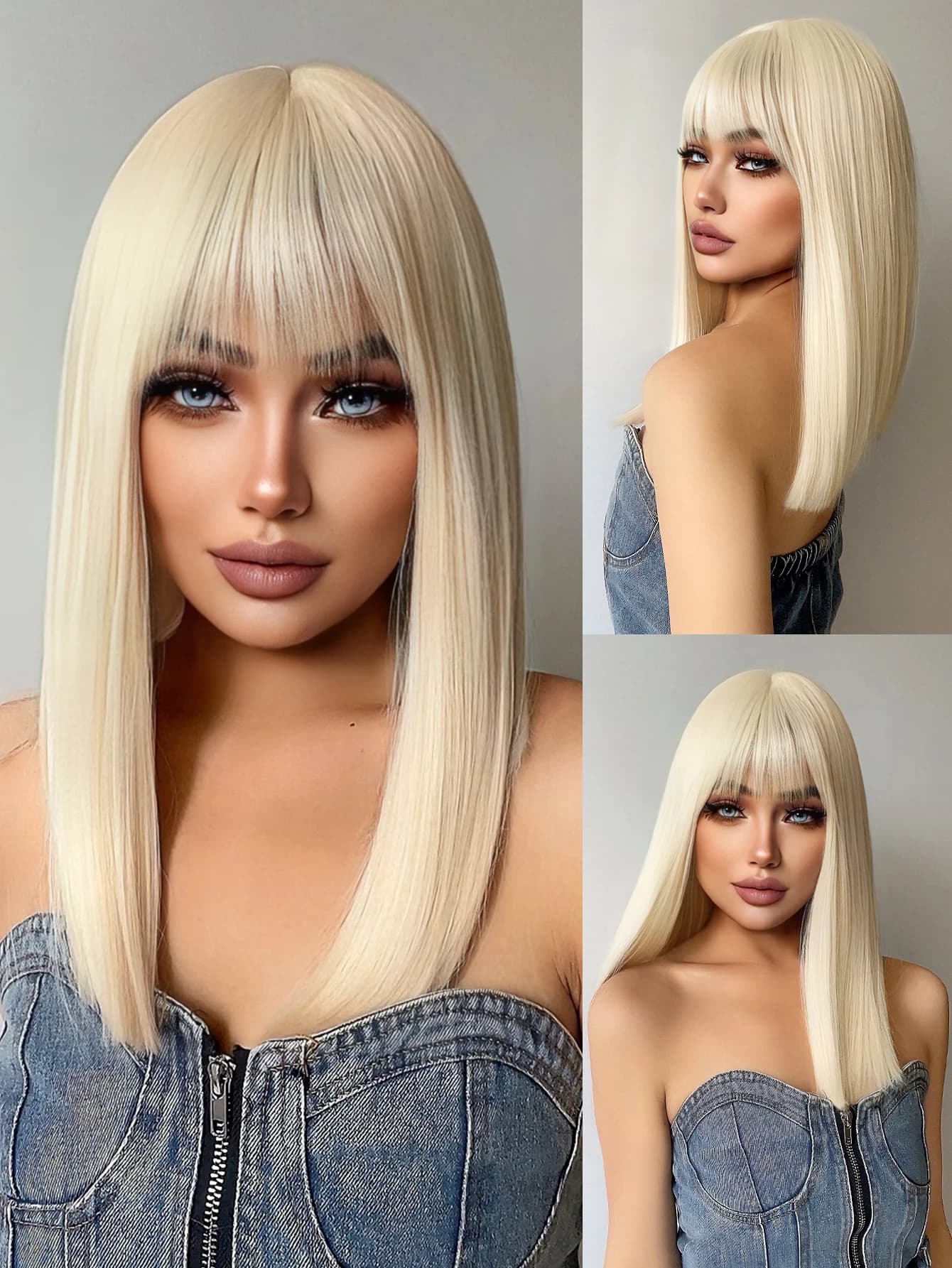 Perruques synthétiques blondes platine de 18 pouces avec frange, cheveux longs et lisses naturels po