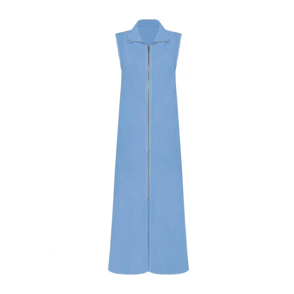 Robe midi blanche sans manches pour femmes, col montant, fermeture éclair, tunique, robe d'été pour 