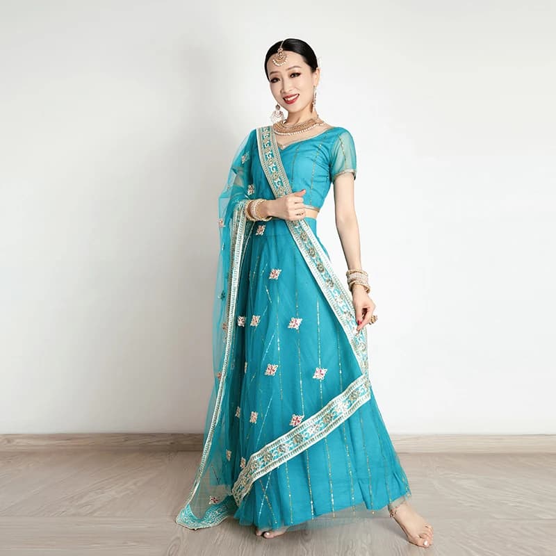 Customized Exotic Indian Belly Dance Costume Ethnic Style Female Dance Dress Sari Top Big Swing Skir