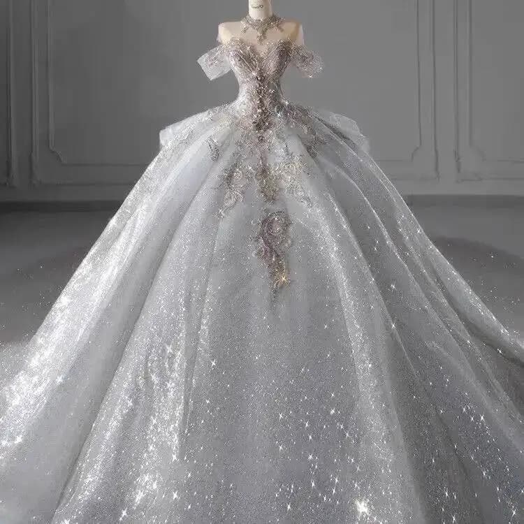 Nouvelle Robe de Mariée Princesse de Luxe, Robe de Bal avec Broderie de Paillettes Ciel Étoilé et Lo