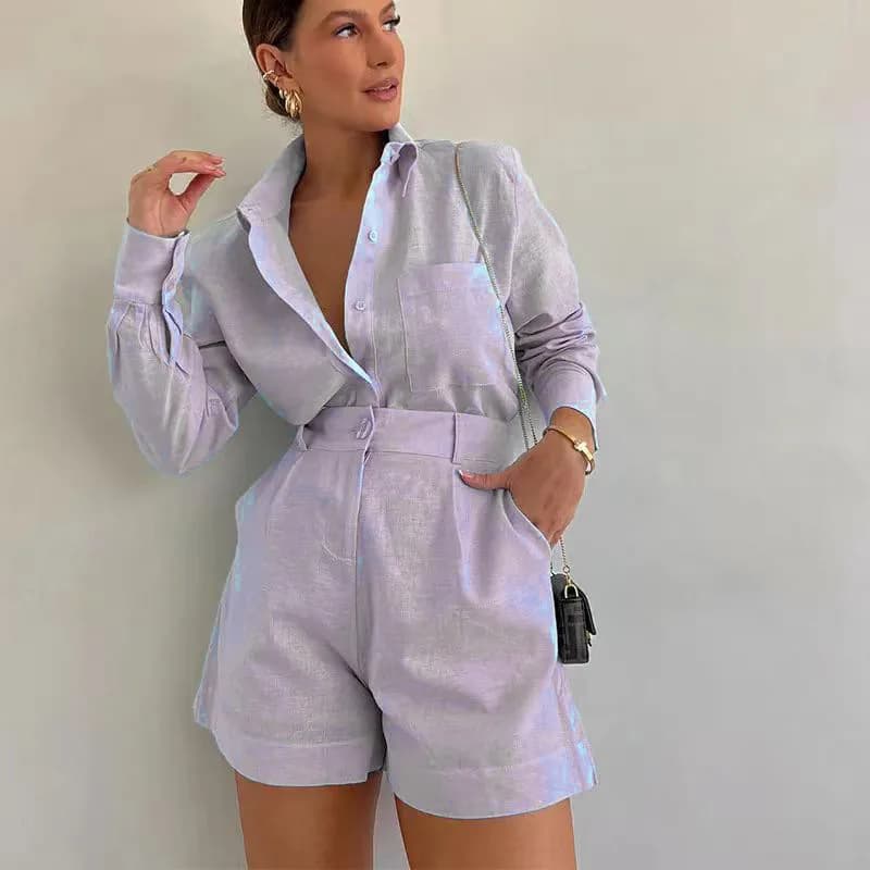 Ensemble 2 pièces à manches longues pour femmes, décontracté, boutons, détail, short, petit haut, mo