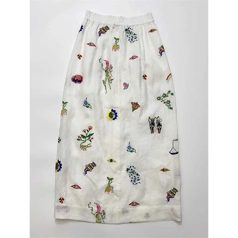 Jupe trapèze en lin doux Beige pour femmes, taille haute, imprimé amusant, bouton avant fendu, envel