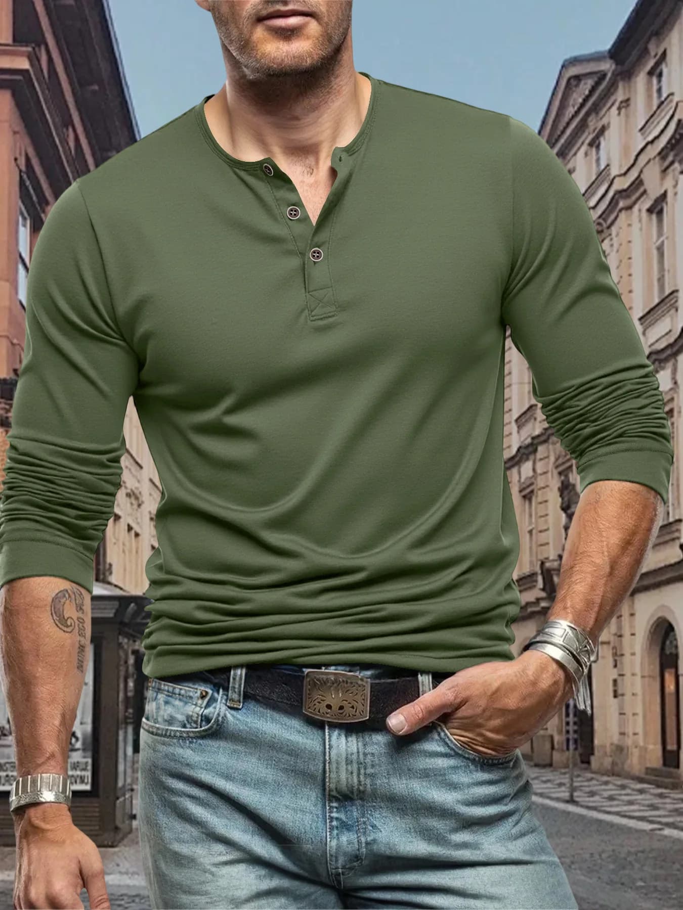 T-Shirt homme manches longues hauts t-shirts de rue col Henley bouton sport T-Shirt couleur unie déc