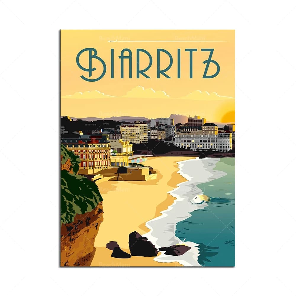 Affiche de voyage vintage, Eguzkilore, Anglet, Bidart, Biarritz, Pays Basque, Côte, Océan, Surf, Pay