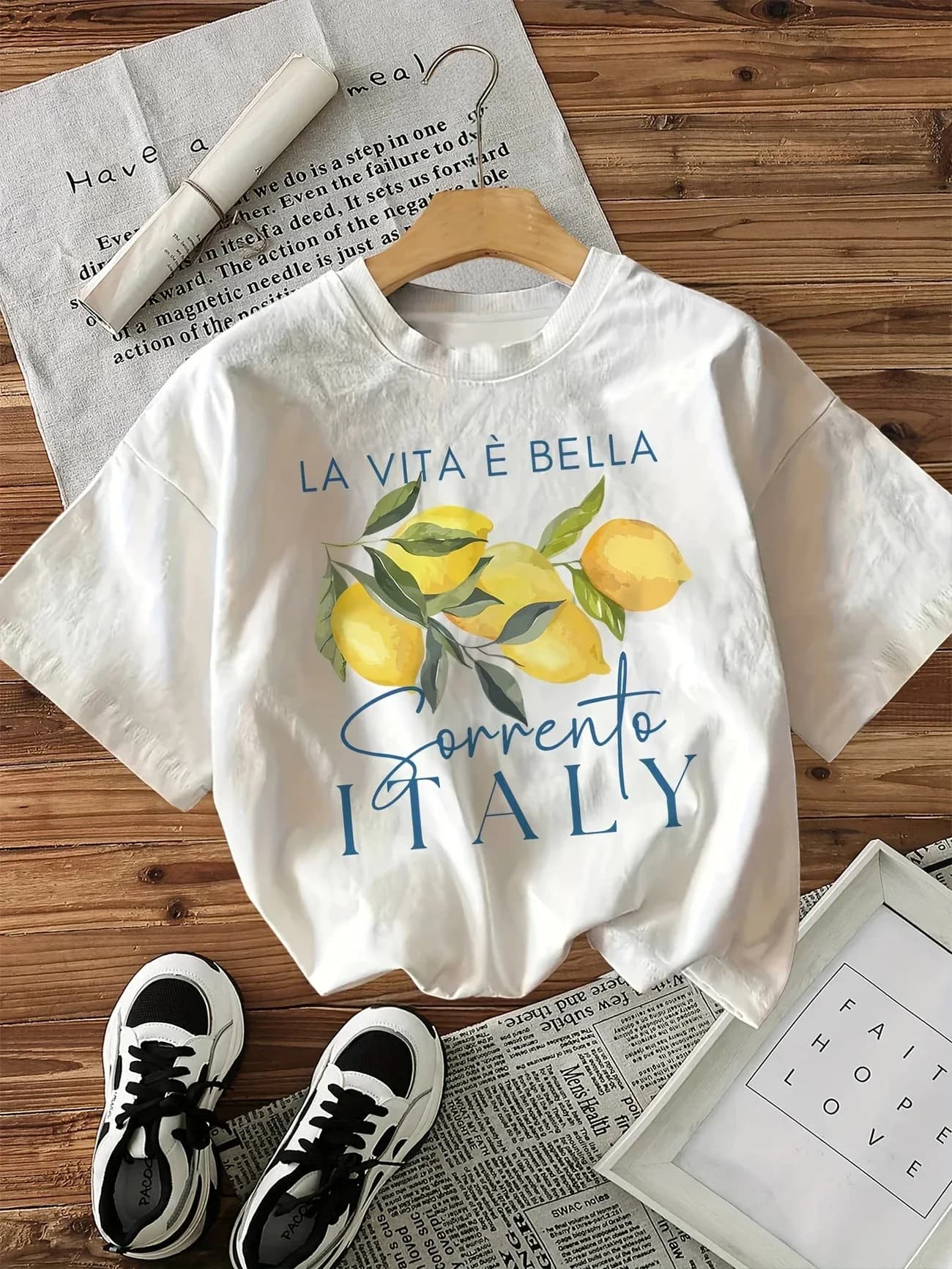 T-Shirt imprimé citron graphique, manches courtes, col rond, haut décontracté pour l'été et le print