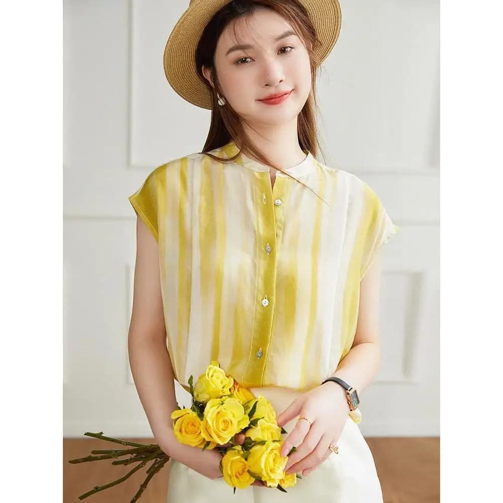 Chemise et chemisier en mousseline de soie pour femmes, jaune, fibre rayée, femme, été, boutonné, mo