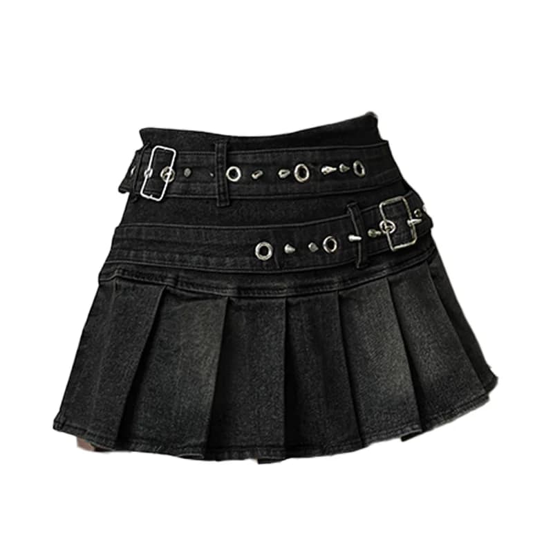 Jupe en jean avec ceinture rivetée bleue et noire pour femmes, Y2K, Harajuku, mode de rue, Mini jupe
