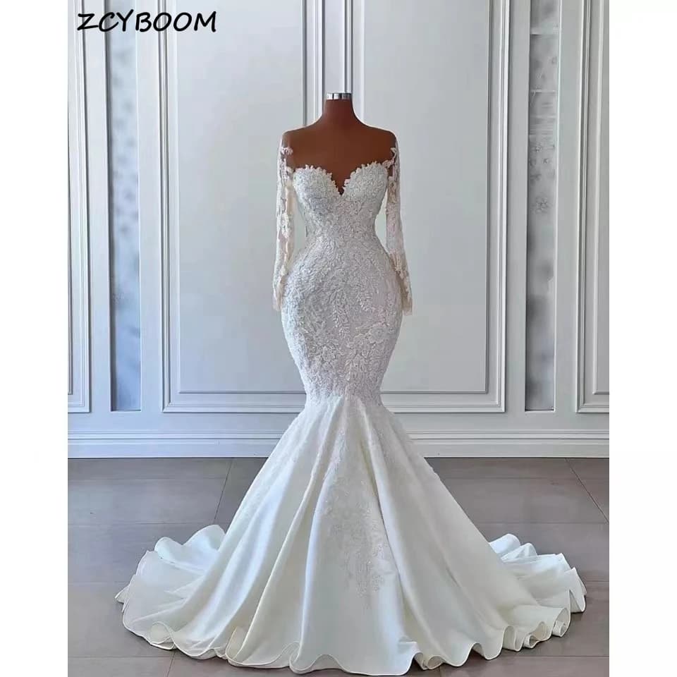 Robes de mariée de luxe sirène 2026, robe de mariée élégante, manches longues, illusion, perles, pai