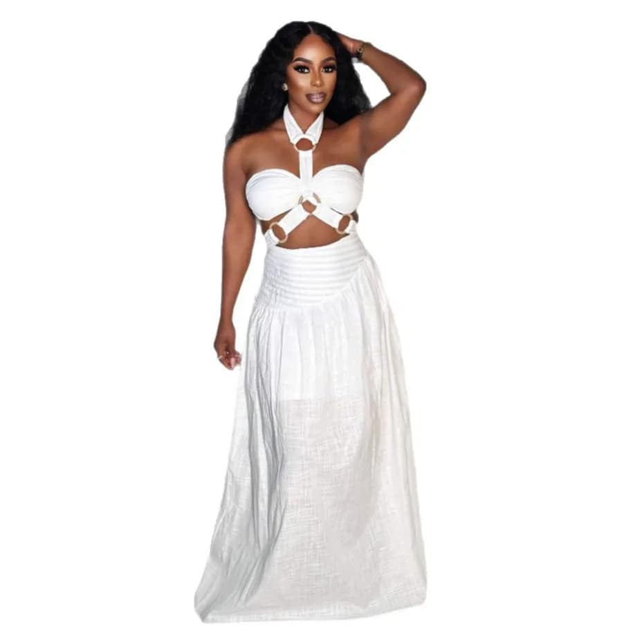Ensemble deux pièces jupe longue Bandeau avec anneau doré pour femmes, magnifique jupe Maxi froncée 