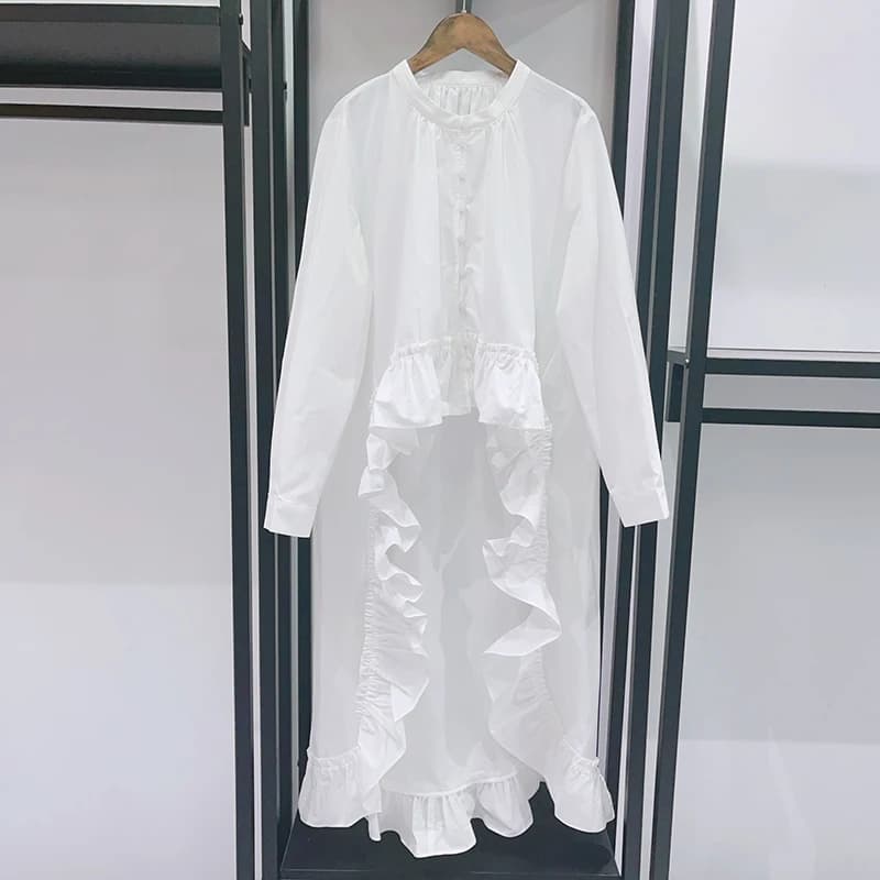 Chemisier Femme Blanc à Volants, Col Rond, Court Devant Long Derrière, Tendance Printemps 2026