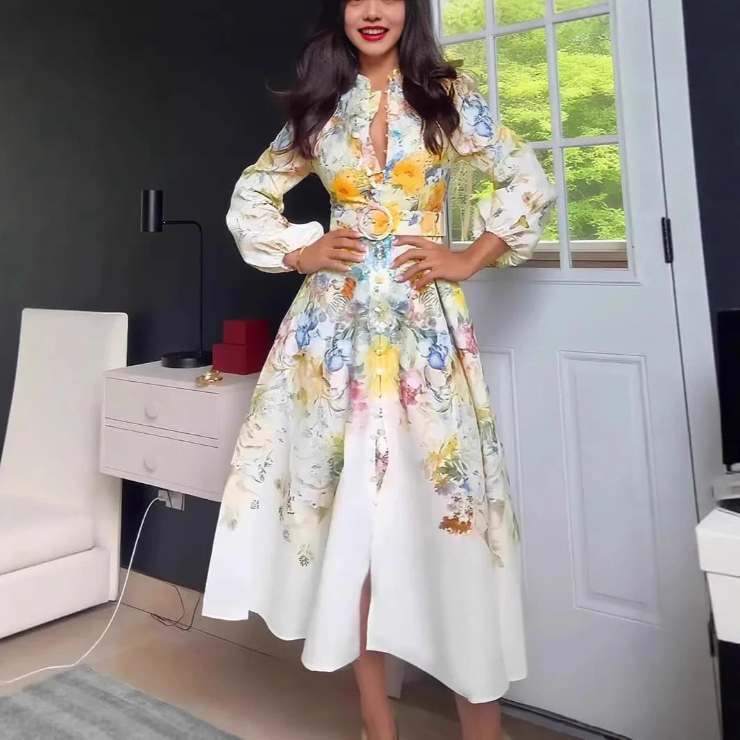 Robe Chic 2026 à Imprimé Floral pour Femme, Manches Lanterne, Élégante Coupe Trapèze, Style Bohème V