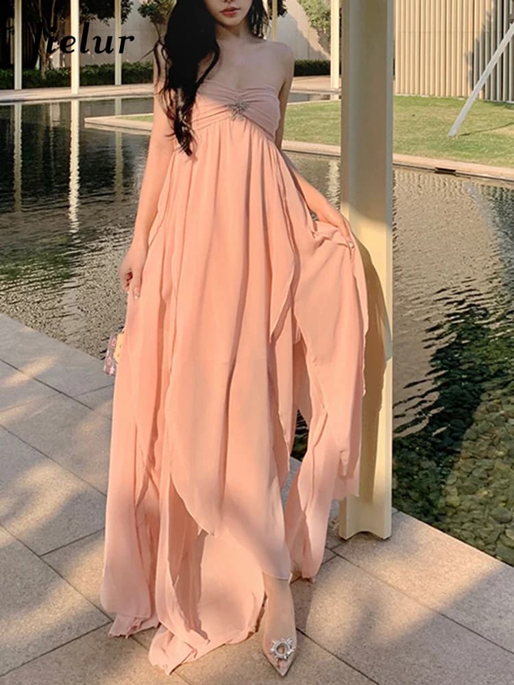 Jielur – robe longue en mousseline de soie rose, sans bretelles, dos nu, irrégulière, élégante, à la