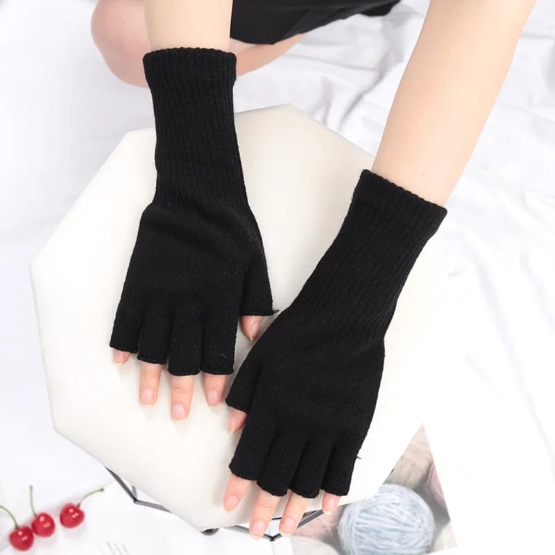 Gants longs noirs tricotés sans doigts pour hommes et femmes, chauds, extensibles, élastiques, à la 