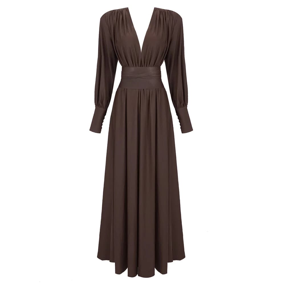 Robe élégante plissée marron à manches longues, avec col en v profond et cintré à la taille, robe de