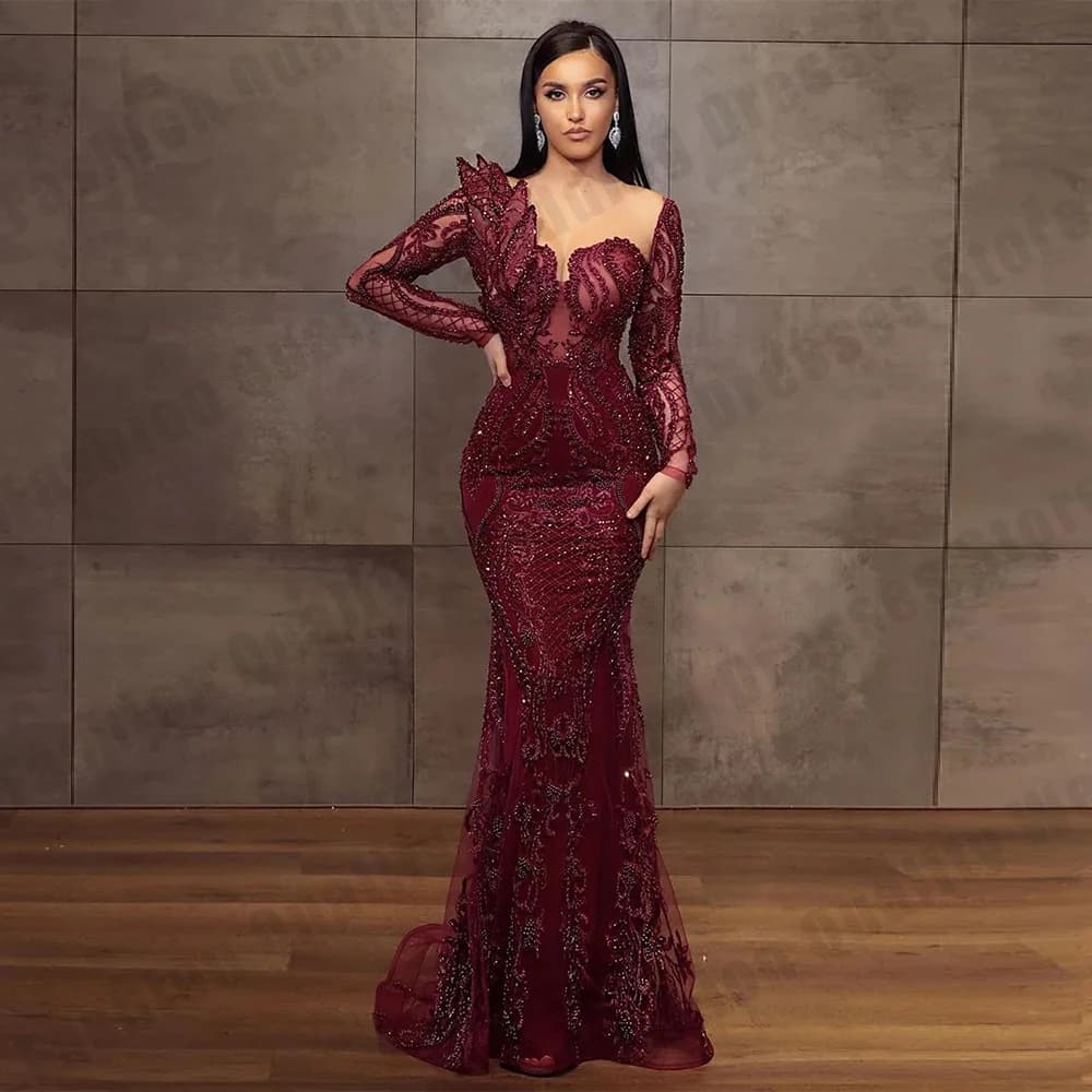 2026 Robe de soirée en dentelle bordeaux pour femmes, sexy, manches longues, style sirène, princesse