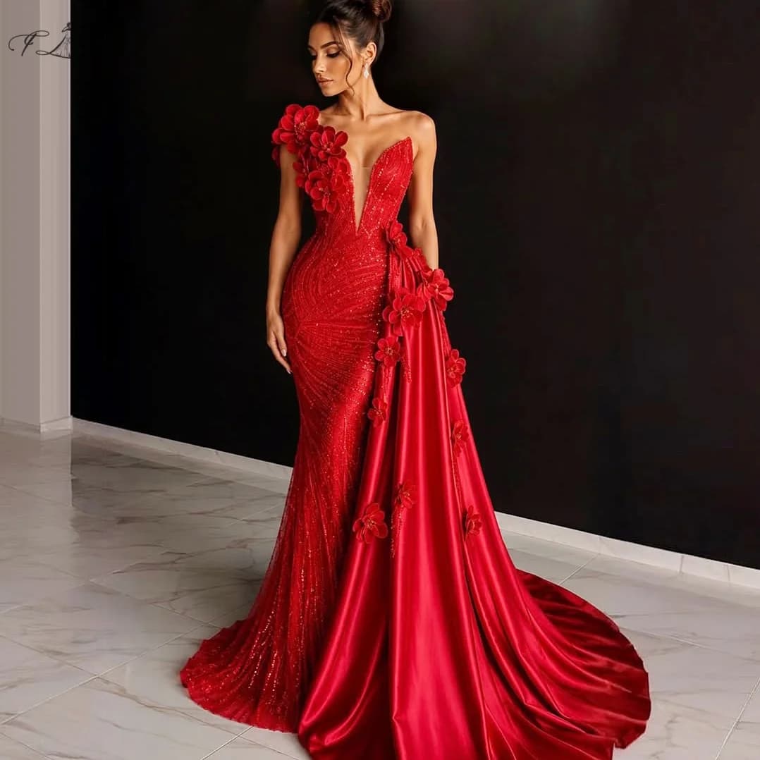 Robe de soirée de luxe rouge à fleurs, col en V, sans bretelles, style sirène, avec jupe détachable,