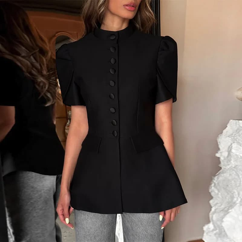 Blouse de bureau élégante noire pour femme, col montant, manches bouffantes, ourlet peplum, coupe aj