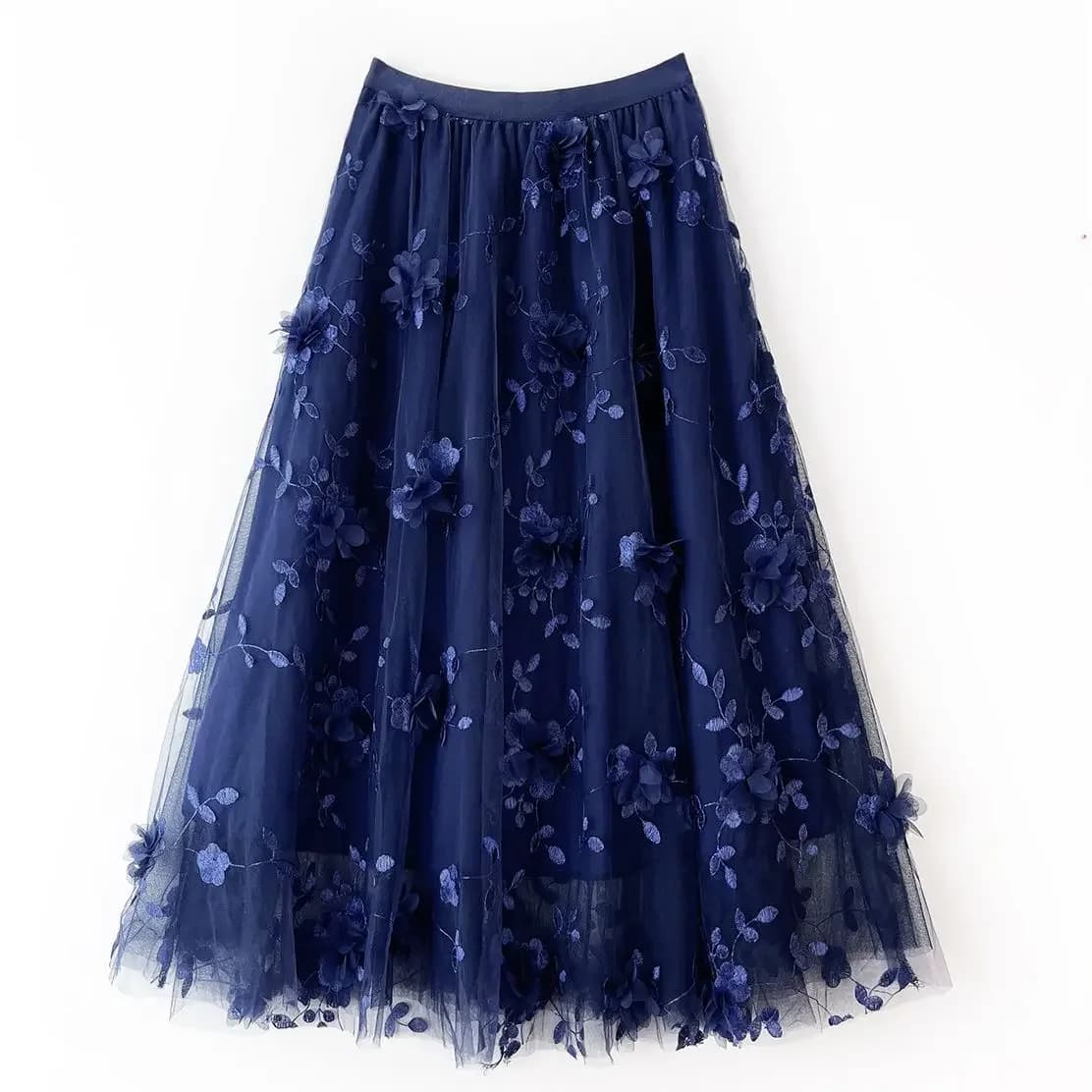 Jupe mi-longue en tulle taille haute brodée de fleurs 3D pour femmes, ligne A, rose, chic, élégante,