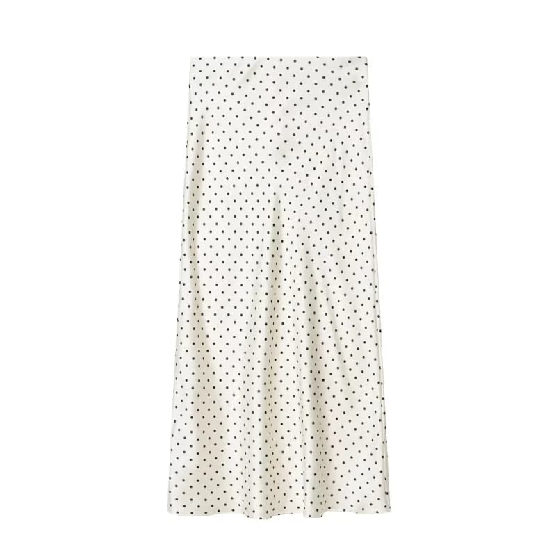 Jupe longue mi-longue à pois taille haute en satin fluide pour femme ETJ, collection Printemps 2026 