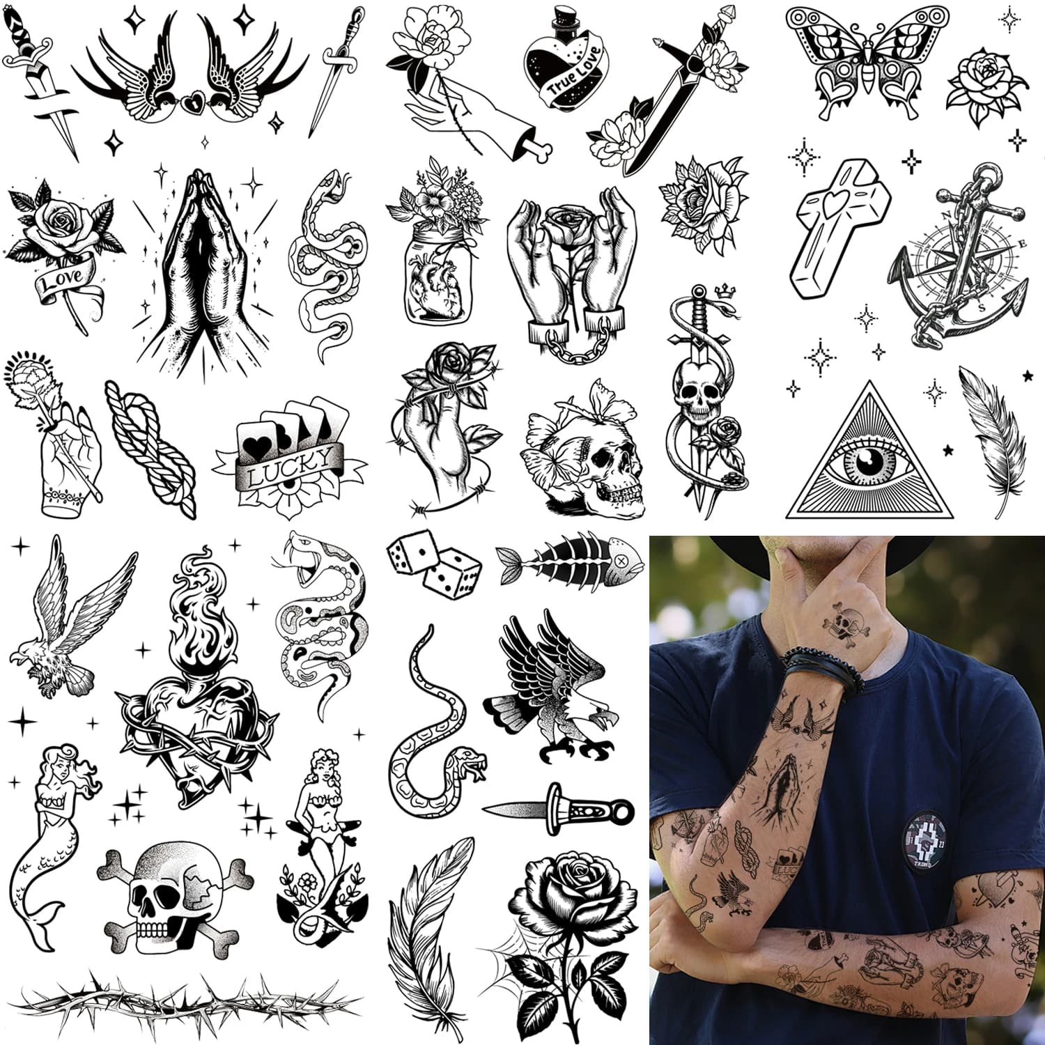 Tatouage semi-permanent, style old school, tatouage de grande taille, imperméable et résistant à la 