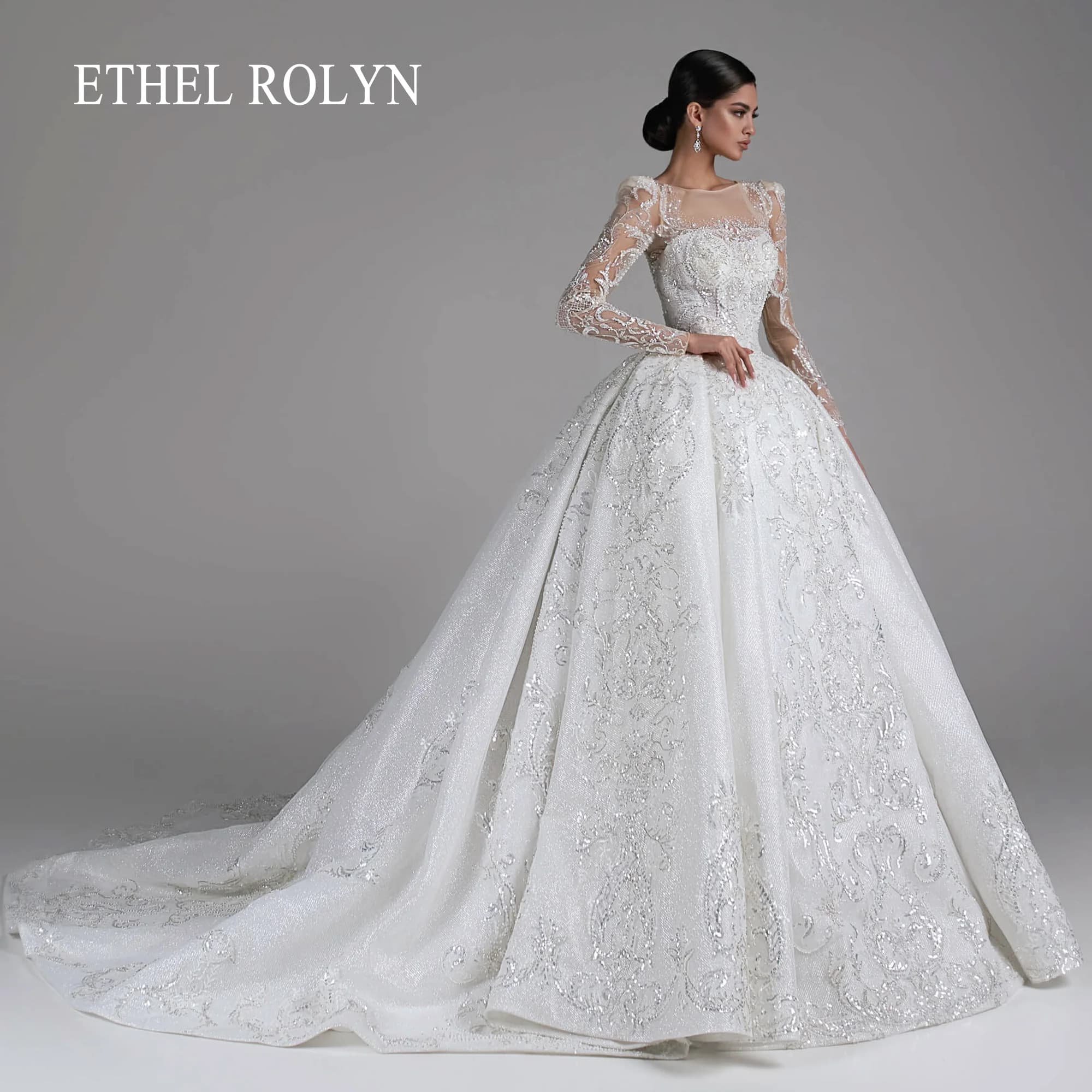 ETHEL ROCirCN-Robe de Mariée en Tulle à Manches sulf, Tenue de Bal, Paillettes Exquises, Perles, Rot