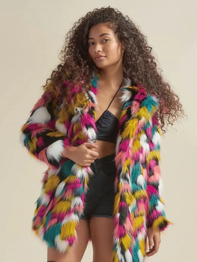 Veste en fausse fourrure de couleur arc-en-ciel pour femme, manteau vintage, manches longues, moelle
