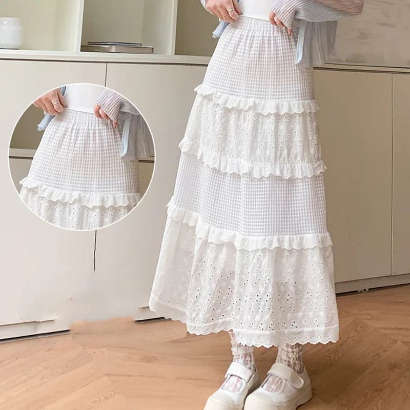 Jupe longue gâteau à volants blancs pour femmes, mode d'été, taille élastique, dentelle épissée, jup