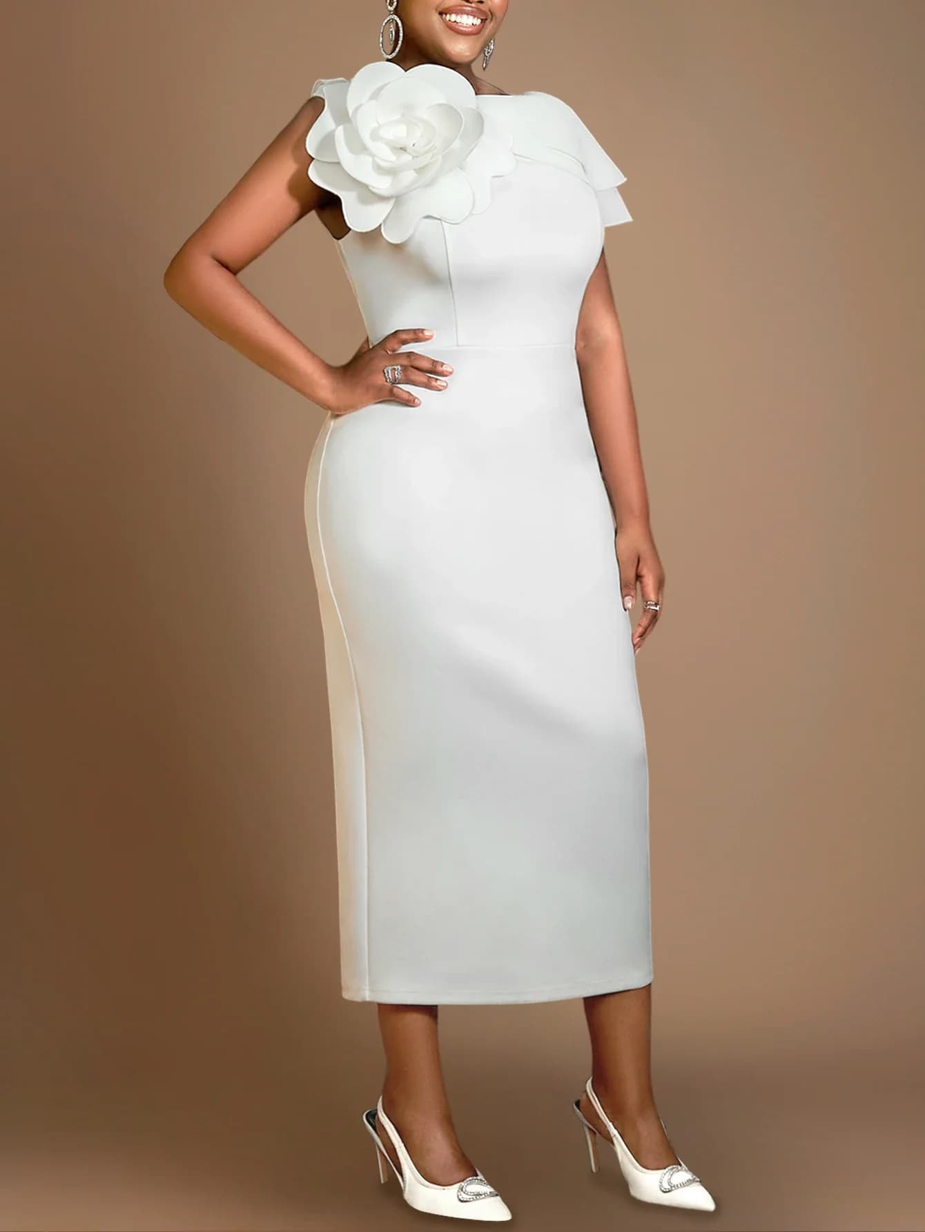 Robe mi-longue blanche à manches courtes pour femmes, col rond, design floral 3D, robes formelles, r