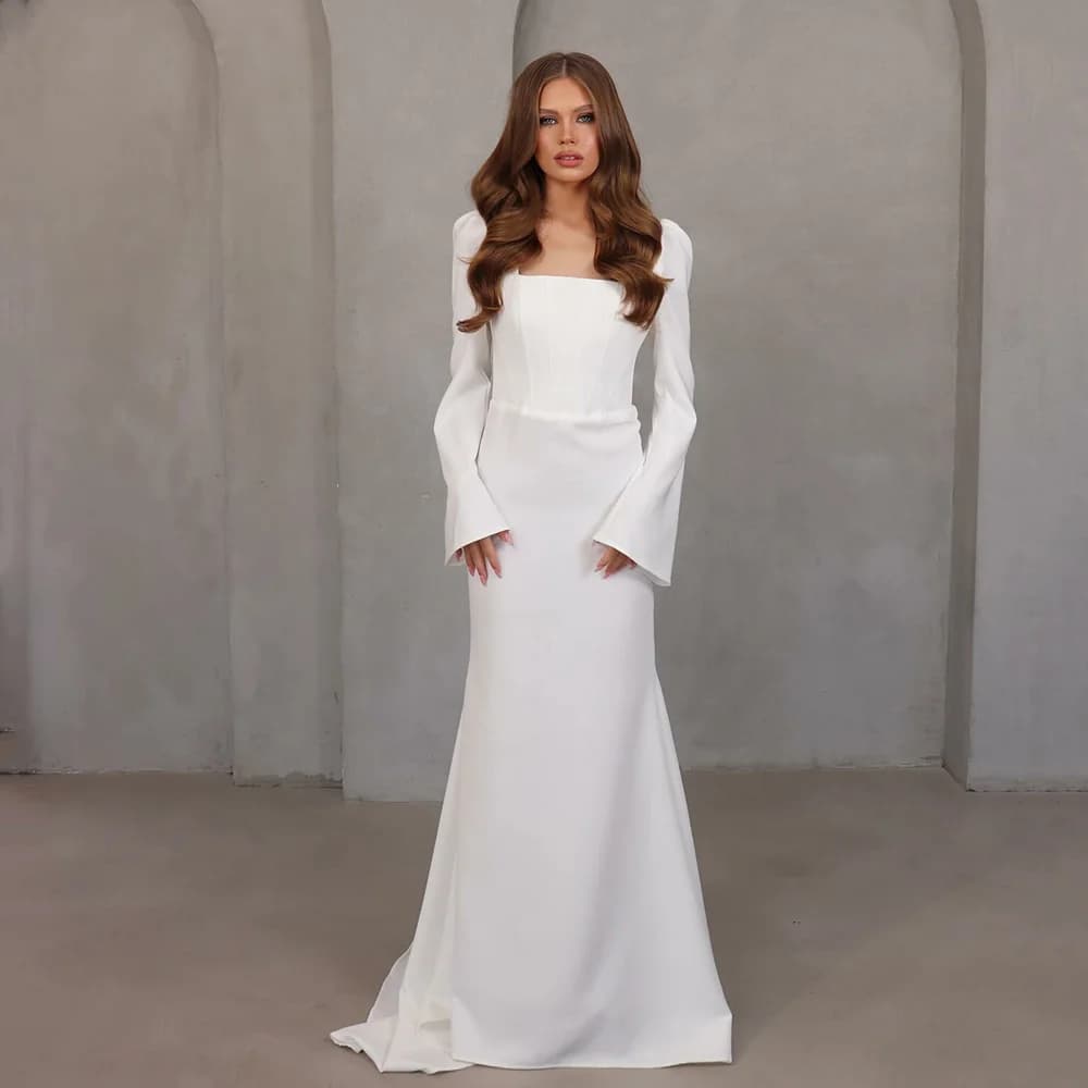 Robe de mariée en crêpe 2026 à manches longues, col carré, coupe sirène simple, élégante et modeste,