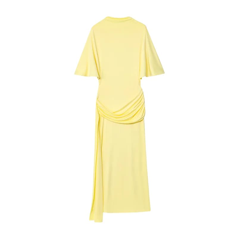 Robe femme automne 2025 nouveau jaune à manches courtes couches décorative Streamer robe longue robe
