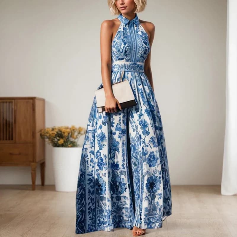 Robes longues de soirée élégantes, Vintage, classique, bleu, motif géométrique, imprimé floral, reve