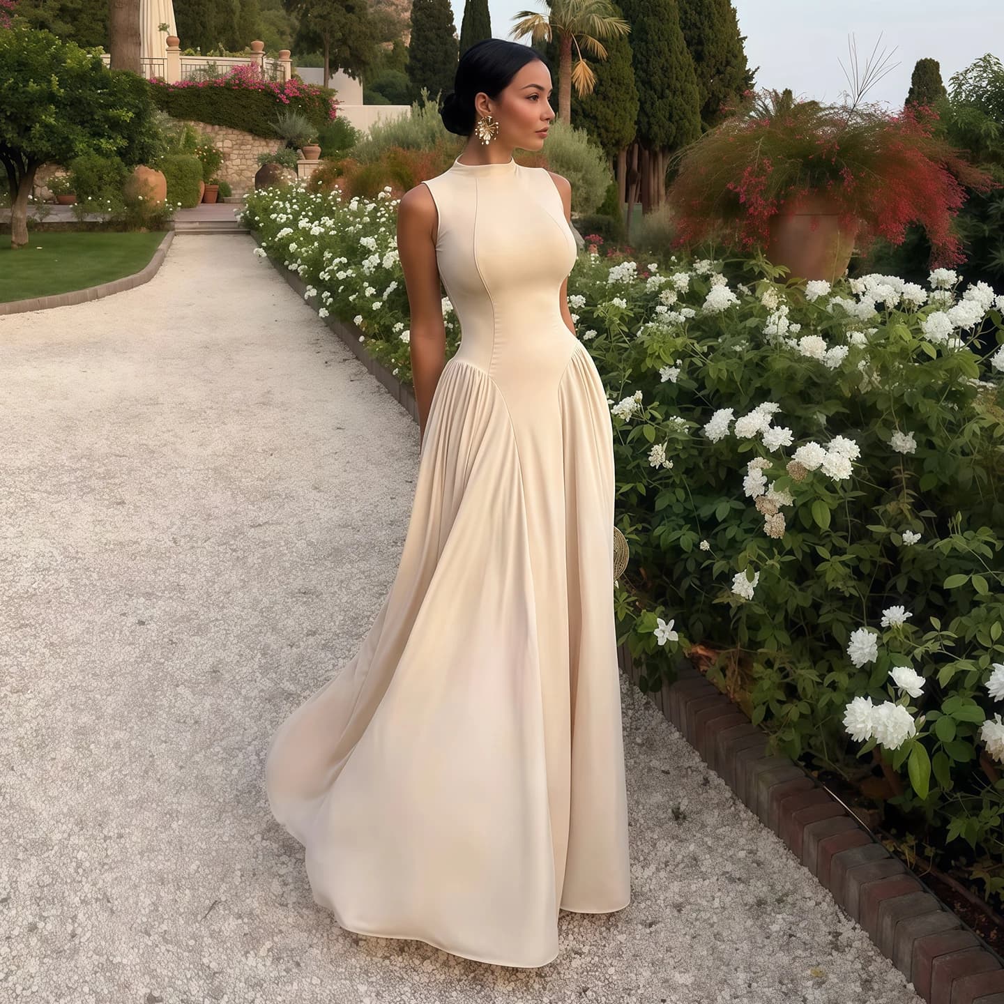 Robe de soirée élégante beige Sharon Said 2026 sans manches, taille plissée, coupe évasée fluide, si