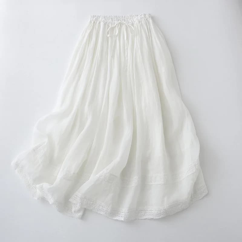 Printemps été Mori fille couleur unie dentelle Patchwork coton lin jupes femmes taille élastique déc