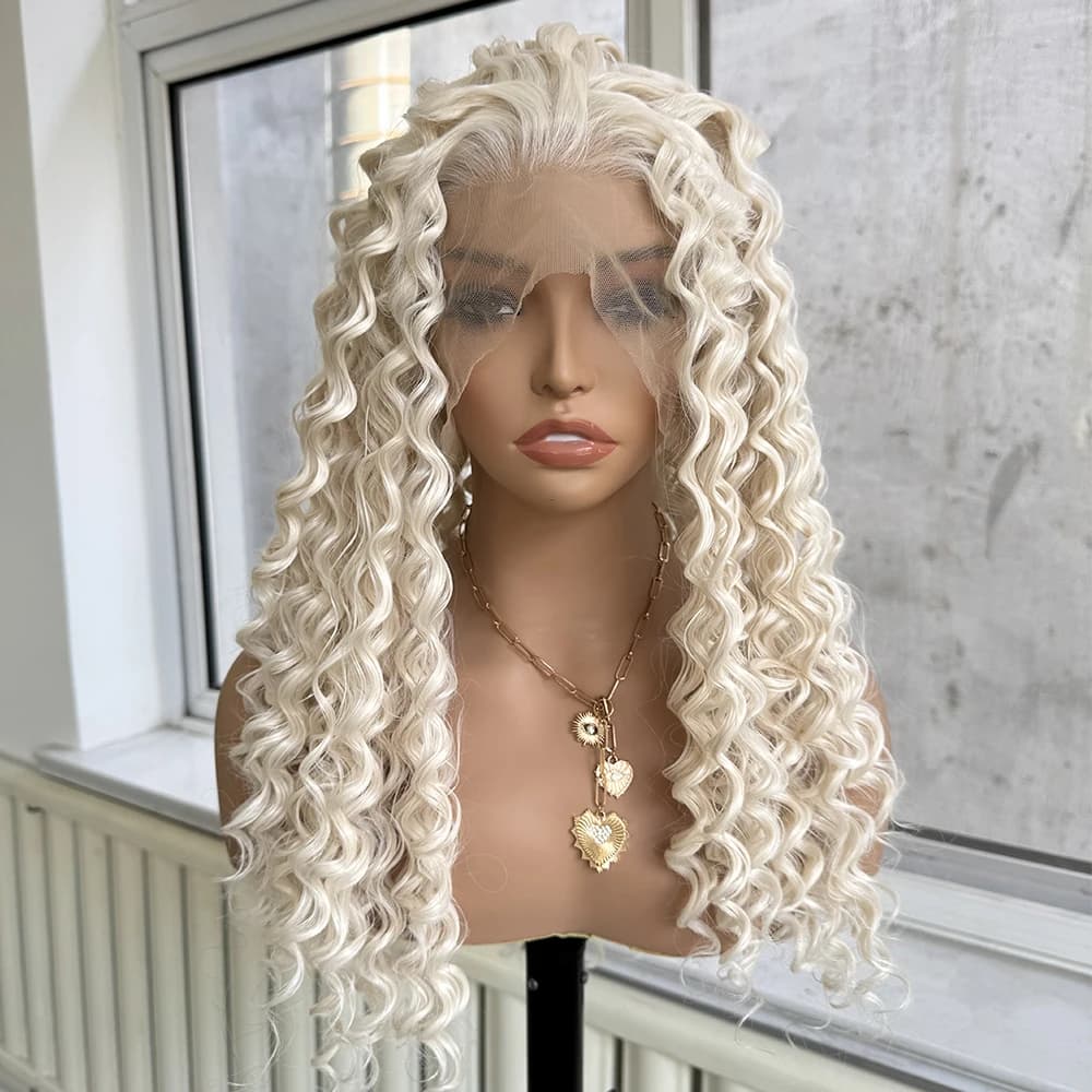 Perruque Lace Front Wig synthétique bouclée et profonde, cheveux longs, blond platine, blanc, blond,