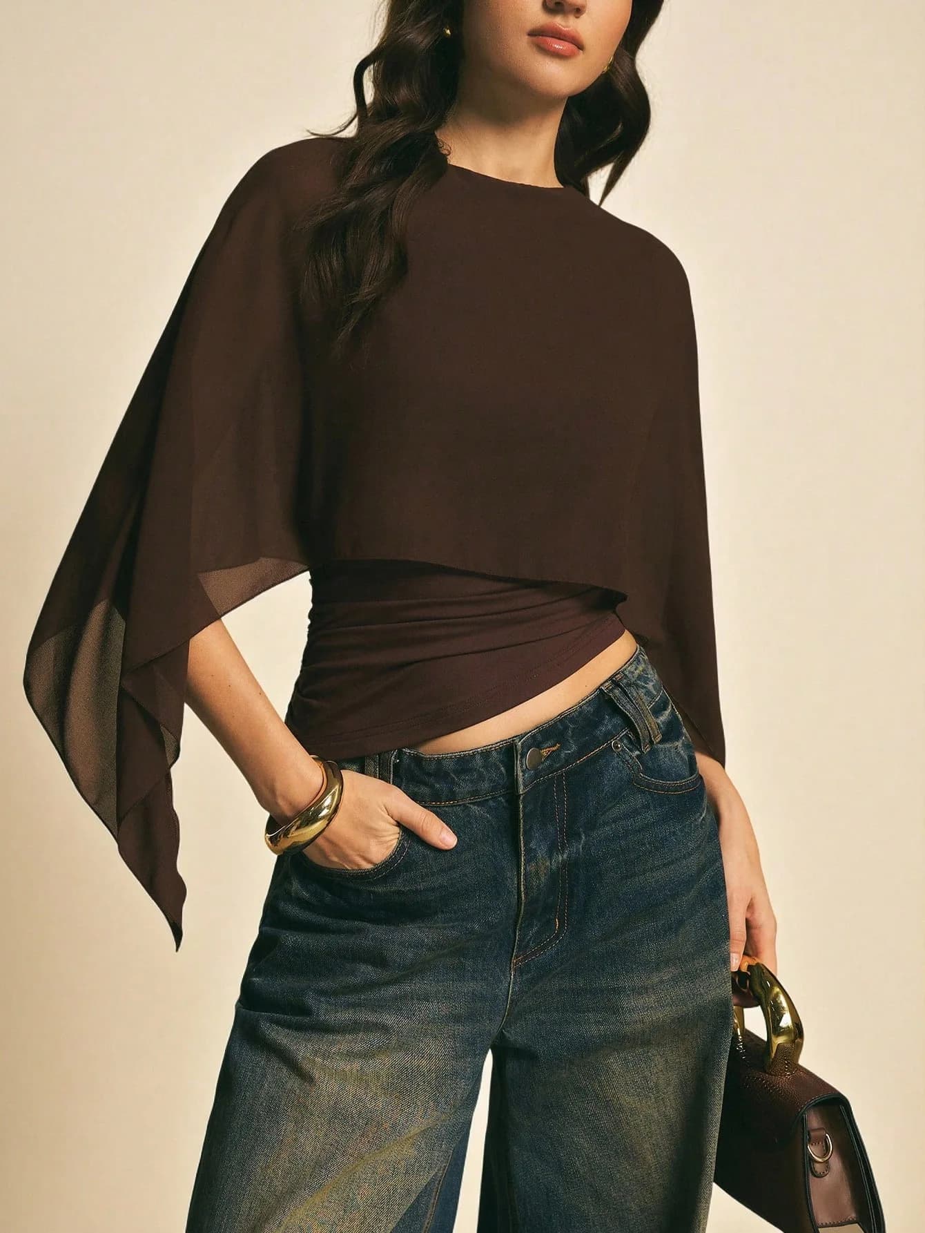 Chemisier marron transparent à manches cape pour femme, nouvelle collection 2026, col rond, taille f