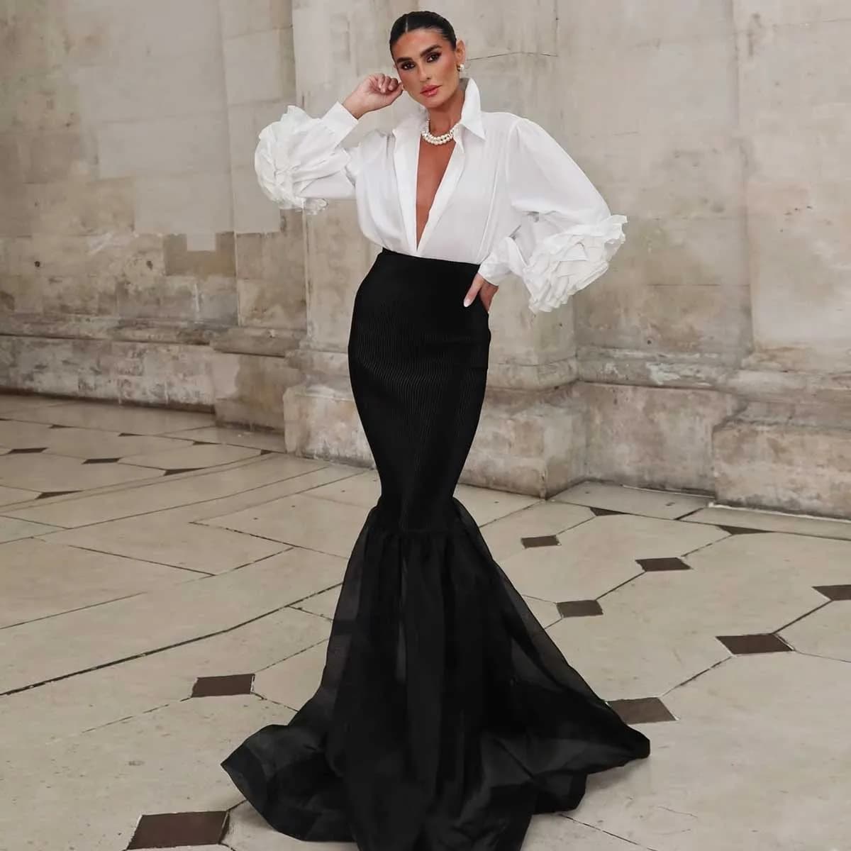 Élégance noir Maxi jupe sirène taille haute soie Satin Organza longue jupe de soirée sur mesure n'im