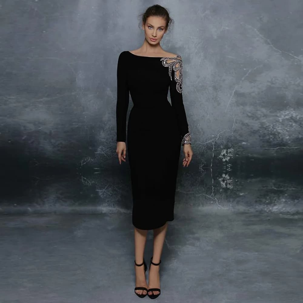 Robe de soirée à col rond et manches longues, personnalisée, élégante, noire, avec appliques, robe d