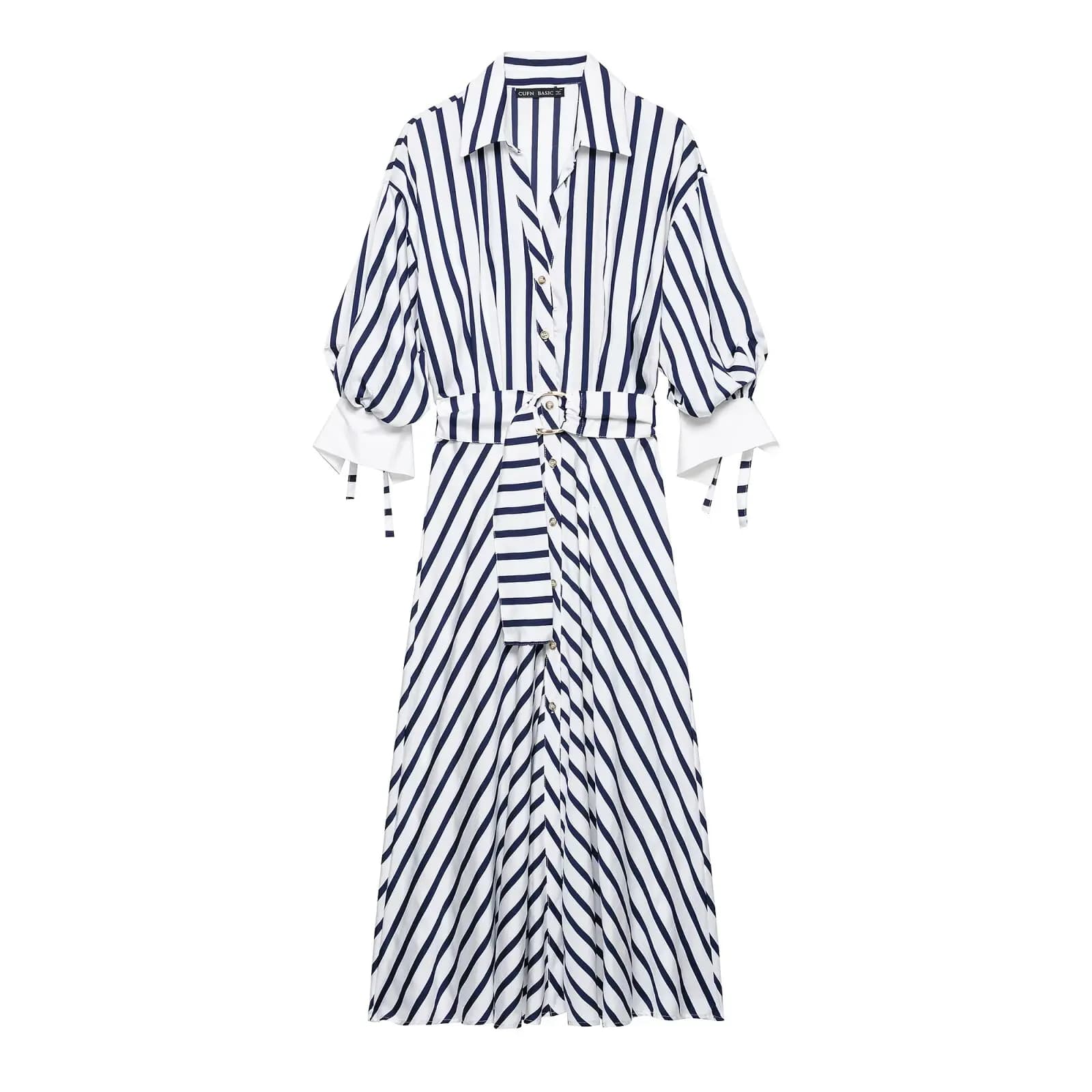 Robe longue rayée pour femme avec ceinture, nouvelle collection Printemps-Automne 2026, style chemis