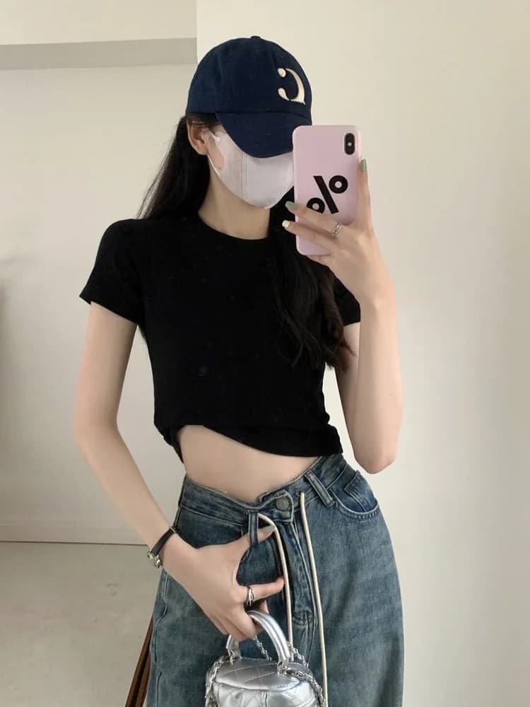 T-shirt à manches courtes pour femmes, haut rouge pour filles épicées, coupe couvertes, exposition a