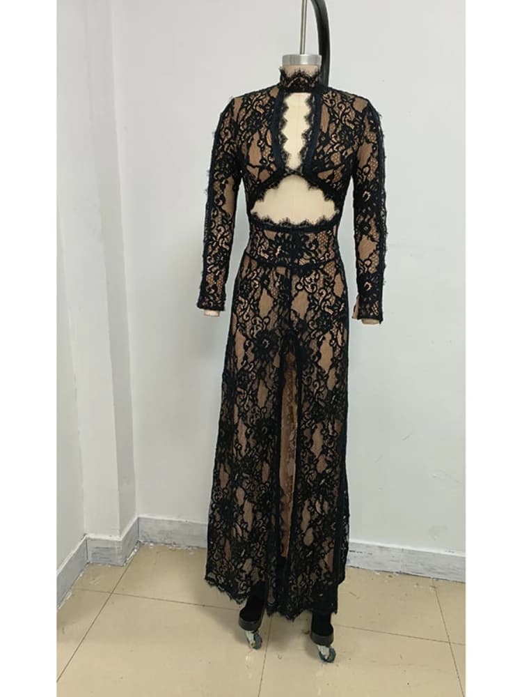 Sexy à manches longues dentelle Patchwork évider robe longue femmes noir col rond découpé fendu minc