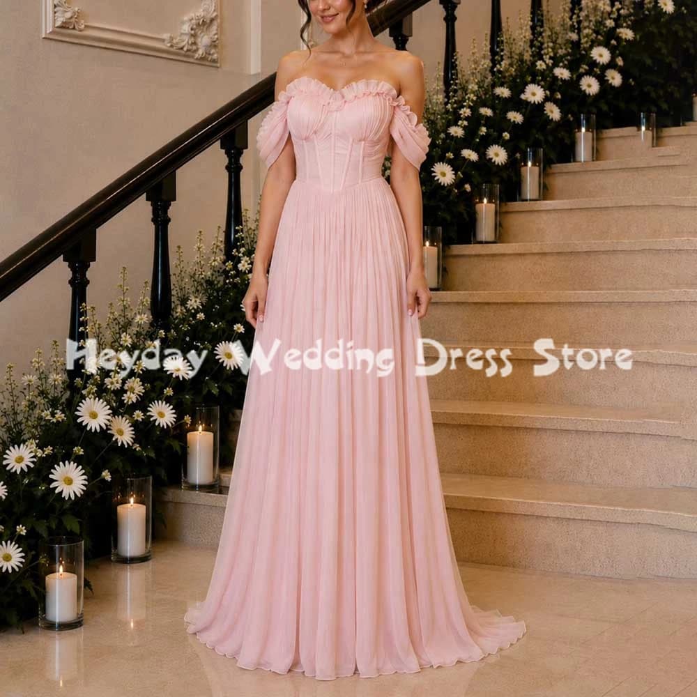 Heyday Robe de soirée chic rose pour femme, épaules dénudées, corset en mousseline plissée, coupe tr